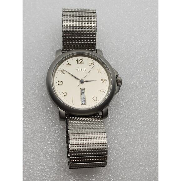 ESPRIT multi language Babylon Babel 6 o'clock day date Silver Stretch Band Watch - Picture 11 of 12